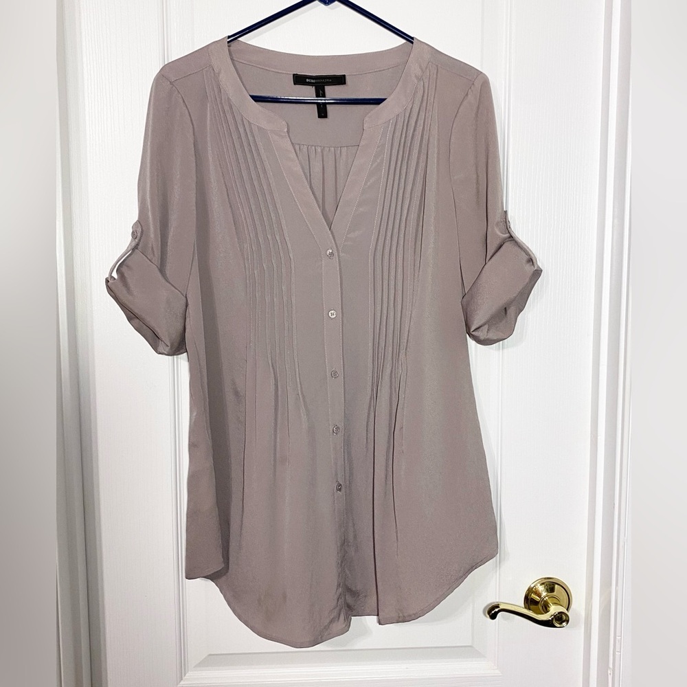 BCBGMaxAzria Pintuck Button Front Roll Tab Sleeve Tunic Blouse Purple Medium